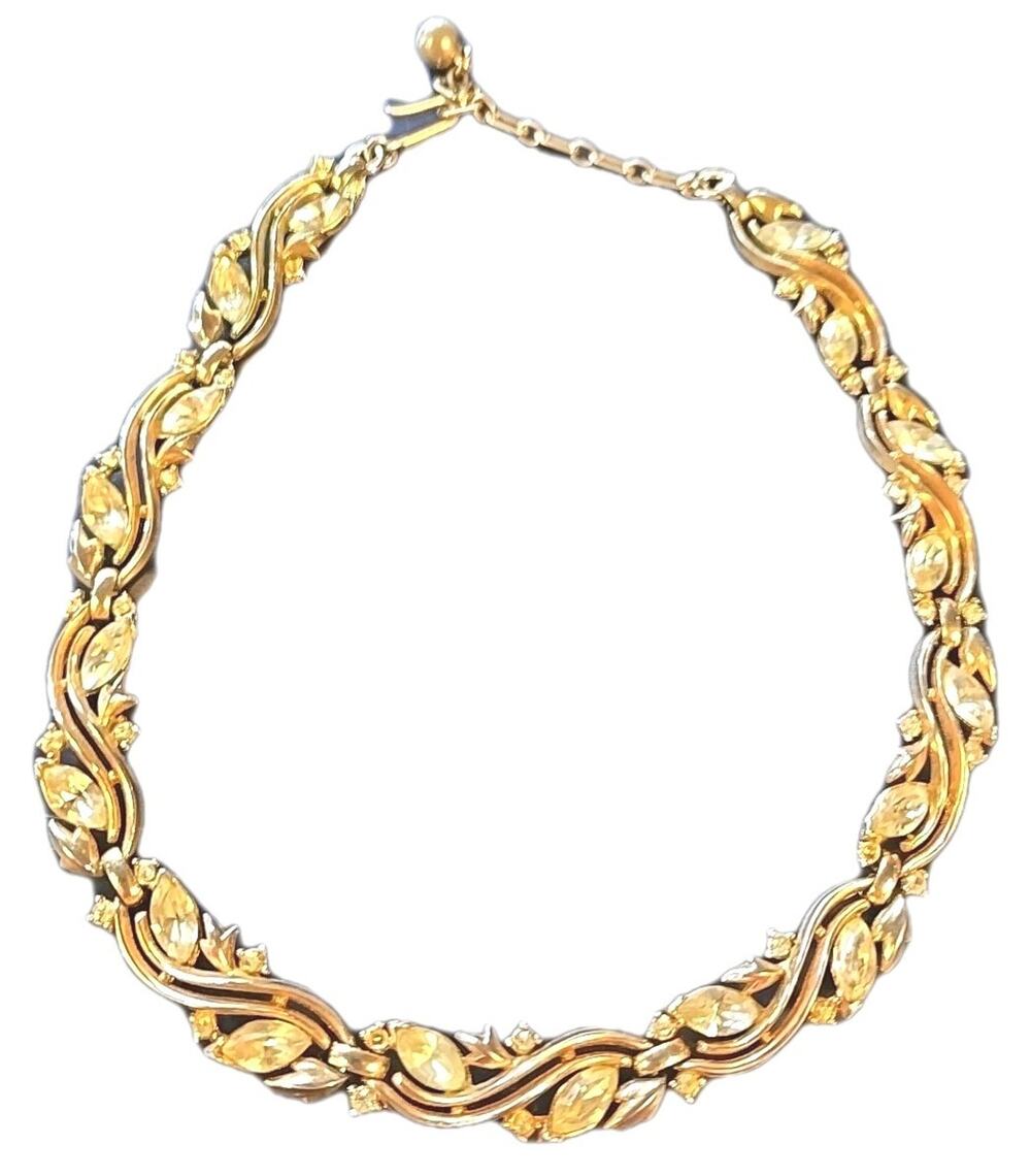 Vintage Trifari Rhinestone Leaf Choker Necklace 16" Unmarked